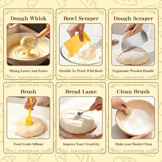Sourdough Starter Kit, Sourdough Bread Baking Supplies, Round & Oval Banneton Bread Proofing Basket, Bread Sling, Starter Jar, Dough Whisk, Scrapers, Stencils & Bag, Complete Sourdough Kit Gifts