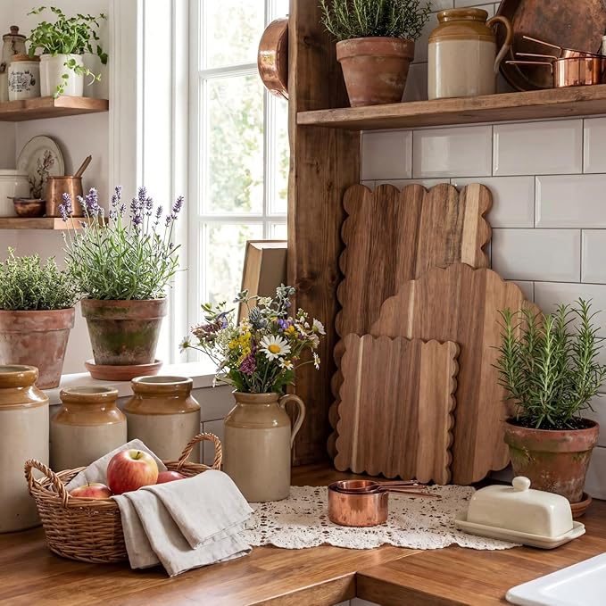 3 Pcs Acacia Wood Scalloped Cutting Boards Set, Decorative Cutting Boards Wooden Charcuterie Board for Grandmillenial Cottage Core Decor Kitchen Cheese Meat Fruit Bread Chopping Blocks