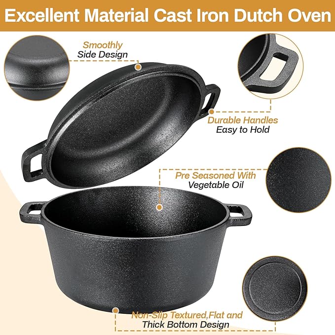 TLGREEN Cast Iron Dutch Oven Pot with Lid, Pot (6.7QT) and Lid as a Skillet(2.5QT) - Dutch Oven Cast Iron with Silicone Holders, Iron Stand, for Oven, Stove, Grill，Campfire