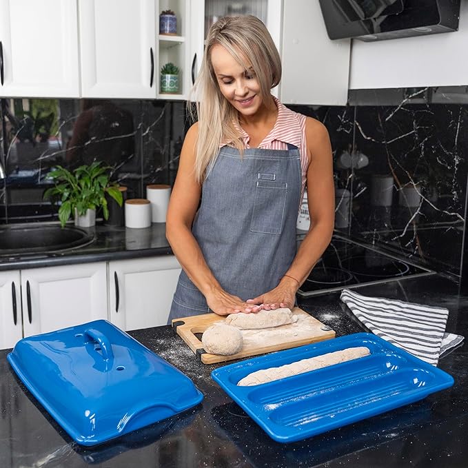 Demi Baguette Pan with Lid for French Bread – 3 Slot Blue Bread Baker Tray – Ceramic Baguette Mold for Sub Rolls, Hoagie, Italian Loaf – Easy-Lift Handle & Vented Crisp Crust Baking