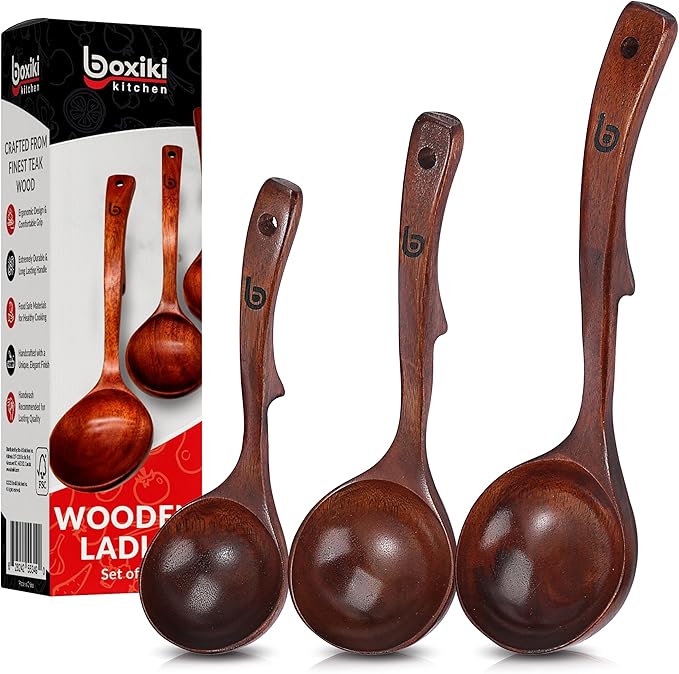 Soup Ladle - Luxury Teak Wood Ladle Set of 3 – Chef-Grade, Eco-Friendly Wooden Cooking Utensils with Reinforced Neck Joint & Anti-Slip Notch Handle – Multi-Size, Gift-Ready Ladle Spoons Set