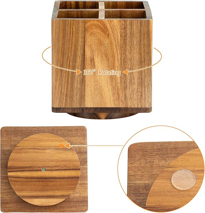 Acacia Wood Extra Large Rotating Utensil Holder for Kitchen Counter, Wooden Utensil Holder with 4 Compartments