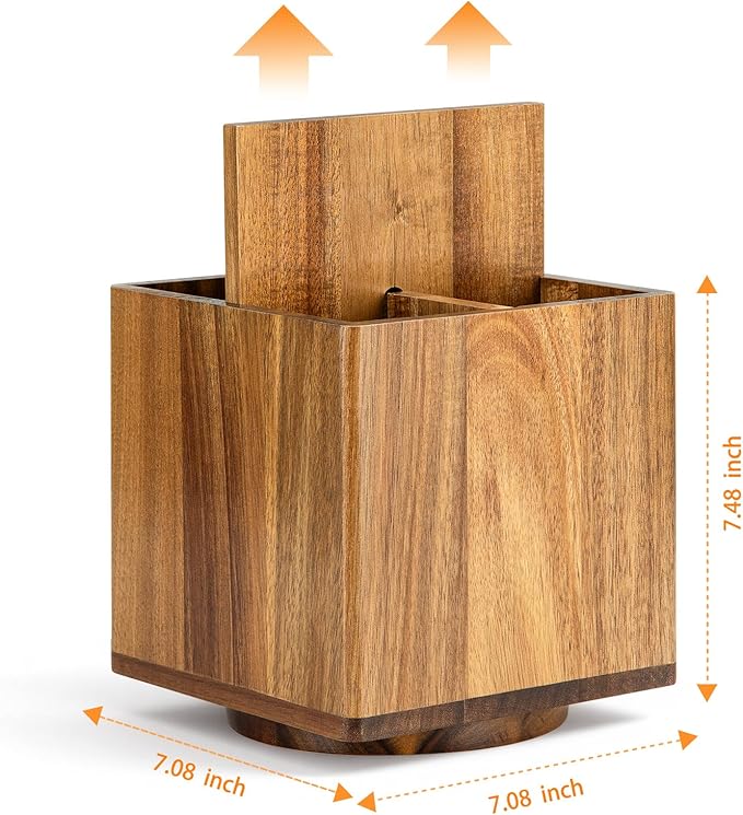 Acacia Wood Extra Large Rotating Utensil Holder for Kitchen Counter, Wooden Utensil Holder with 4 Compartments