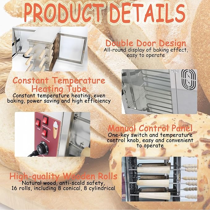 Commercial Electric Chimney Cake Oven Machine 3.2KW 110V Heavy-Duty Chimney Bread Cake Oven with 16 Non-Stick Baking Molds for Ice Cream Cones, Bread Rolls, Pastries Professional & Home Use