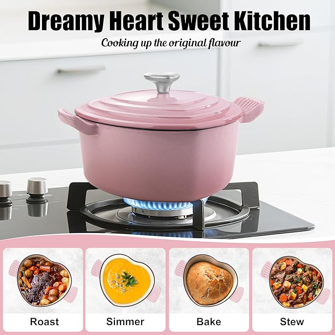 Mabeeze Heart-Shaped Enameled Cast Iron Dutch Oven 2-Quart Casserole Pot with Lid, Gradient Pink Nonstick, Oven-Safe, Compatible with All Cooktops Ideal for Baking, Braising & Serving