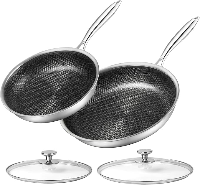Innerwell Stainless Steel Frying Pan Set with Lid 10" and 12" Nonstick Honeycomb Coatings Skillet Set 2pcs W/Stay Cool Handle,Works Pan for Cooking with Induction Gas Stovetops