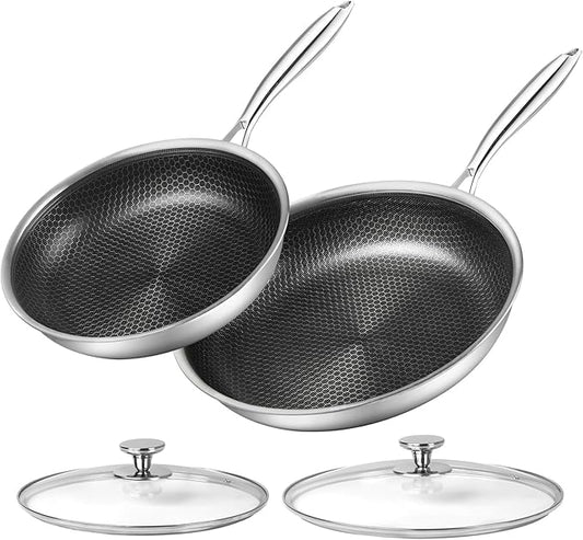 Innerwell Stainless Steel Frying Pan Set with Lid 10" and 12" Nonstick Honeycomb Coatings Skillet Set 2pcs W/Stay Cool Handle,Works Pan for Cooking with Induction Gas Stovetops