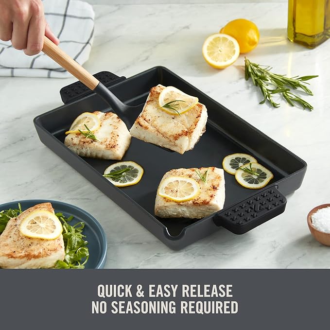 DASH Zakarian by Dash 9"x13" Nonstick Cast Iron Pan with Pour Spout and Removable Silicone Grips for Searing, Baking, Broiling, Grilling and more- Black