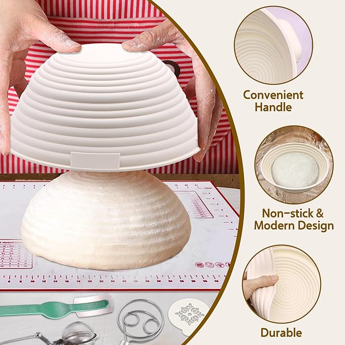Aliggbent Silicone Banneton Bread Proofing Baskets, 10'' Oval & 9'' Round Foldable Sourdough Bread Baking Supplies 18Pcs Sourdough Starter Kit Easy-to-Clean Proofing Baskets for Sourdough Bread Baking