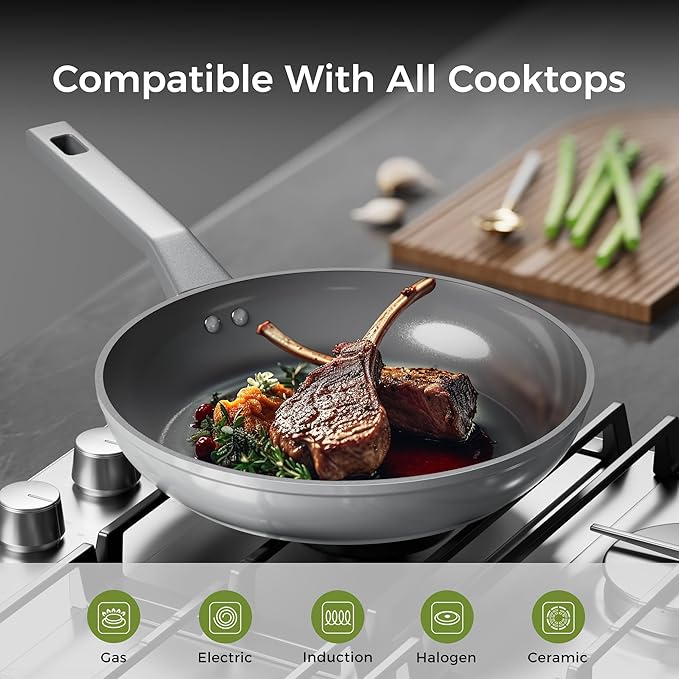 Sanho 12 Inch Nonstick Frying Pan, PFAS & PFOA Free Ceramic Coating, Induction Compatible Cookware, Stay-Cool Bakelite Handle, Gray
