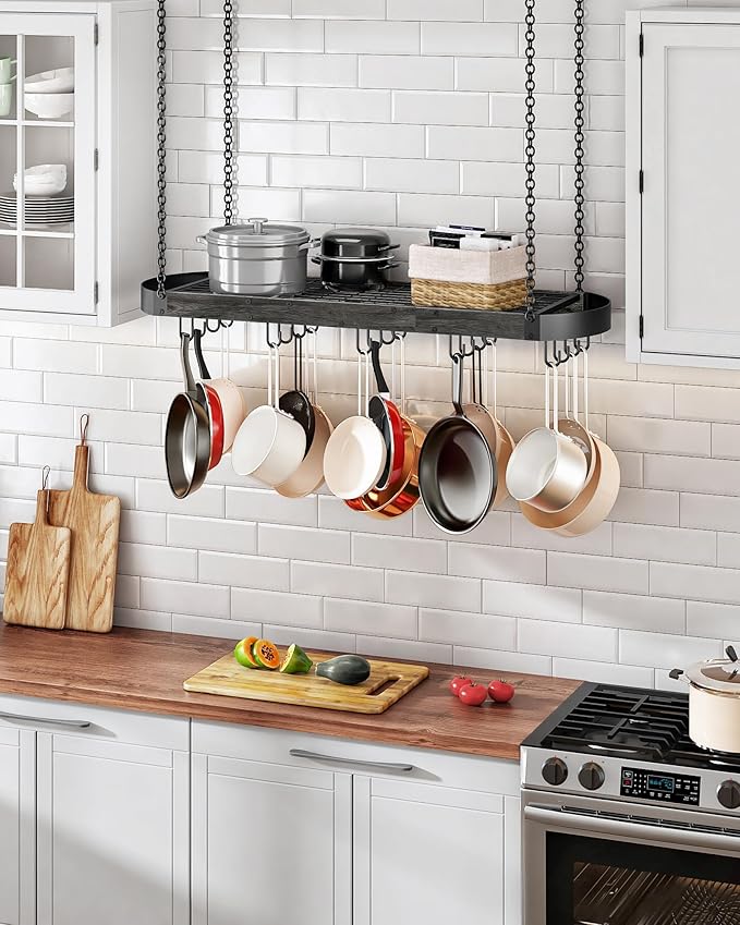 39.4-Inch Hanging Pot Rack, Space-Saving Pot Hanger for Kitchen, Ceiling Pan Hanging Rack with 16 Detachable S Hooks, Sturdy Metal Frame, Industrial Style, Charcoal Black and Black TPR10BC