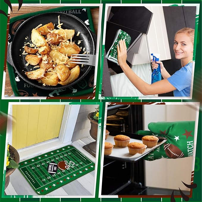 10 Pcs Football Kitchen Decor Oven Mitts and Pot Holders Sets Football Dish Towels Pot Holders Sports Kitchen Rugs and Mats for Women Reusable Cooking Grilling Accessories Mom Gift