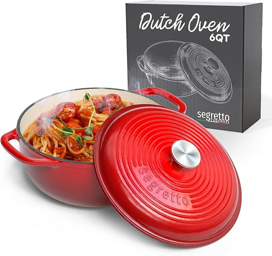 Segretto Enameled Cast Iron Dutch Oven Pot with Lid, Red, 6 Quart Sourdough Dutch Oven for Bread Baking, Braising, Roasting Safe to 500°F Durable Enamel with High Heat Retention and Moisture Lock Seal
