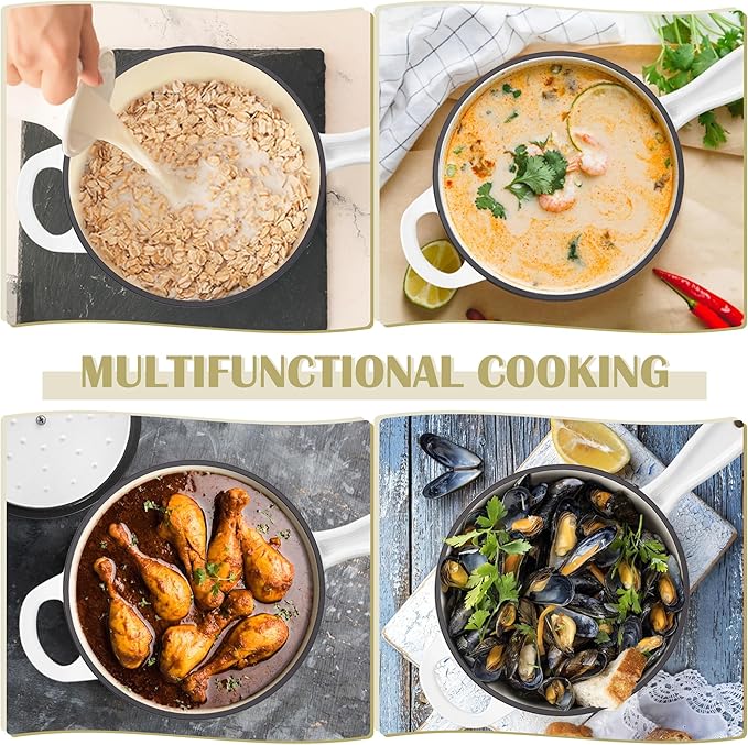 E-far Enameled Cast Iron Sauce Pan, 3 Quart Dutch Oven Saucepan with Lid, Small Sauce Pot for Cooking, Boiling, Healthy & Non Toxic, Induction & Oven Safe, White