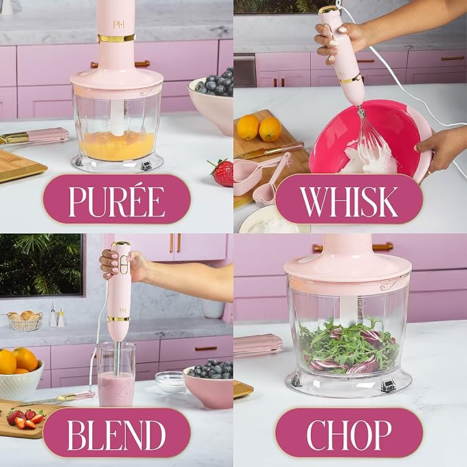 Paris Hilton Hand Blender Set, 2-in-1 Immersion Stick Blender with Whisk & Blending Shaft, 400W High Speed, Pink with Gold Accents – Smoothies, Soups, Sauces, Baby Food, Whipped Cream, Pink