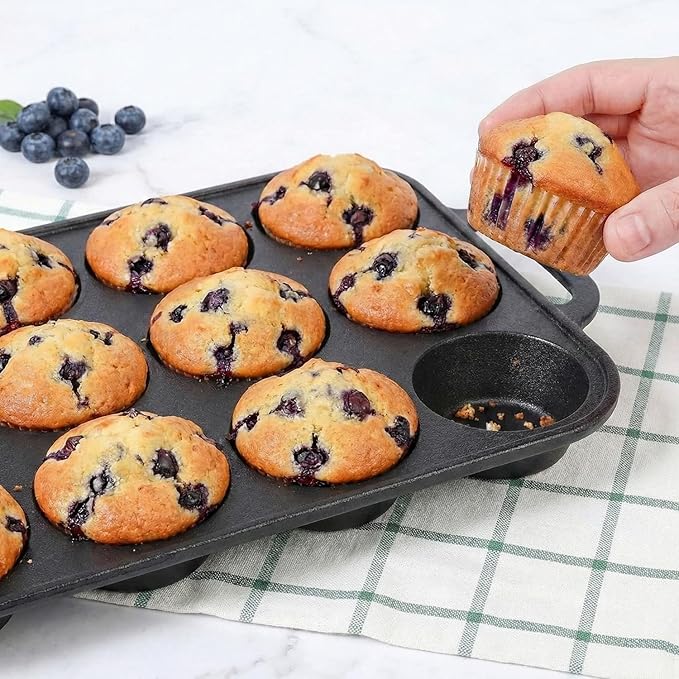 2pack Cast Iron Muffin Pans for Baking 12 Cup Regular Size Cupcake Pan with Handle Pre-Seasoned Muffin Pans Molds