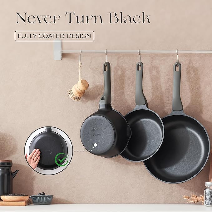 PRICUSIS 8Pcs Nonstick Frying Pan Set with Lid, 8+10+12 Inch Induction Compatible, Stay Cool Handle, Fully Coated, 100% Dishwasher Safe, PFOA Free Omelet Pans, Warp Resistant (Black Sesame)