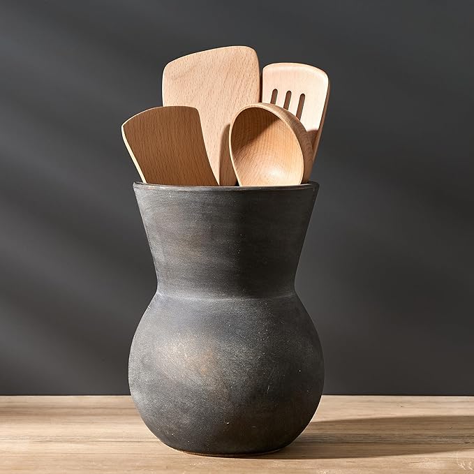 JIEMEI HOME Ceramic Kitchen Utensil Holder, 7.87" Large Rustic Utensil Crock for Countertop, Farmhouse Cooking Tool Organizer, Spatula Holder For Kitchen Decor, Black Bronze