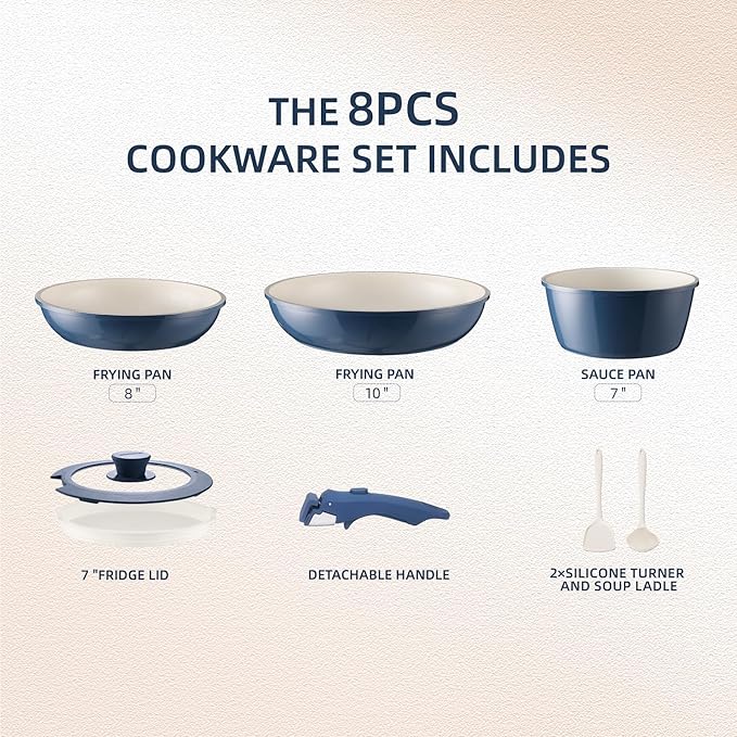8PCS Ceramic Cookware,Nonstick Pan, Removable Handle Ceramic Pots and Pans Set, Stackable Set, Nonstick Pan Pots and Pans Set Non Stick pot(Blue)