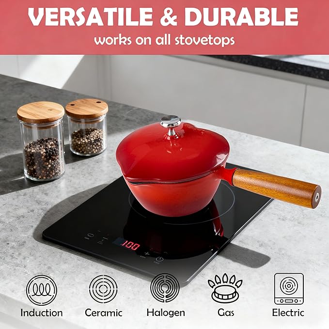 Mabeeze Heart-Shaped Enameled Cast Iron Saucepan with Lid – 1-Quart Red Small Sauce Pot for All Cooktops – Durable, Nonstick Cookware for Milk, Soup, Pasta Sauce – Ideal Gift