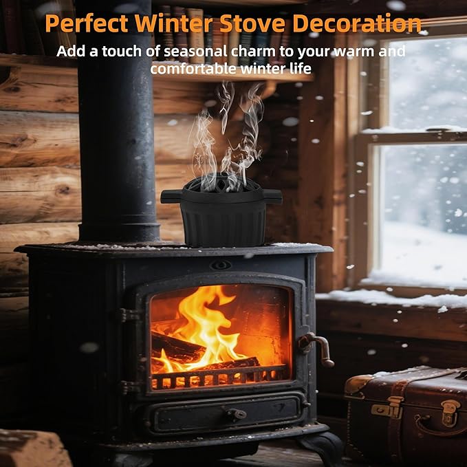 Cast Iron Wood Stove Steamer, Rust Resistant Fireplace Pot with Hollow Carved Lid, 1.32 Quart Capacity Wood Stove Humidifier, Matte Black Finish, Home Indoor Decorative
