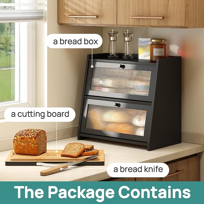 Bread Box for Kitchen Counter, Black Bread Box With Cutting Board, Bamboo Wood Large Capacity Bread Storage Bin with Acrylic Wavy Door Panel