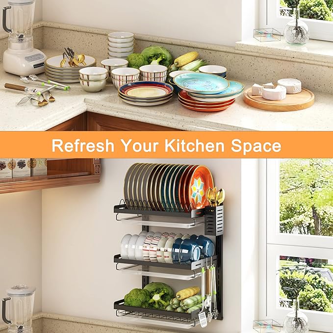 PUSDON Wall Mounted Dish Drying Rack, 3 Tier Stainless Steel Hanging Dish Drainer with Cutlery Holder, Drainboard and Hooks, Fruit Vegetable Kitchen Supplies Plates Bowls Cups Storage Shelf, Black