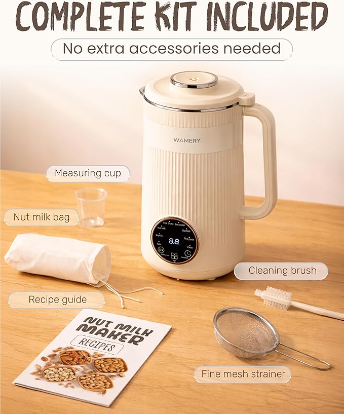 Wamery 32oz Nut Milk Maker Machine - Plant‑Based Milk Maker for Almond, Oat & Soy, Automatic Heated Programs, Self‑Cleaning, Delay Start, Keep Warm & Boil Water, 1‑Liter Capacity with Starter Kit