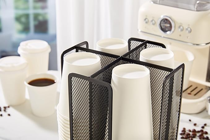 Annova Paper/Plastic Cup and Lid Holder Plastic Storage Organizer, 360°Rotating Coffee Mup Dispenser with 4 Compartments, Multifunctional Storage Rack for Home, Office, Bar, Coffee Shop (Black)