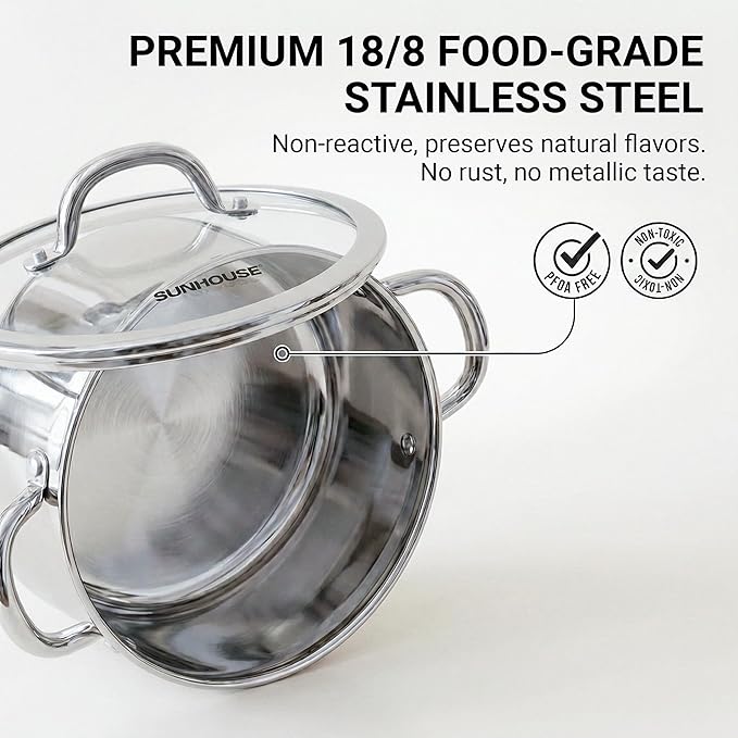 Sunhouse Professional 6.2-Quart Whole-Clad Multi-Ply Stainless Steel Stock Pot with Lid - Premium 18/10 Whole Body Clad Stock Pot - Induction Ready, Oven Safe & Dishwasher Safe Cooking Pot