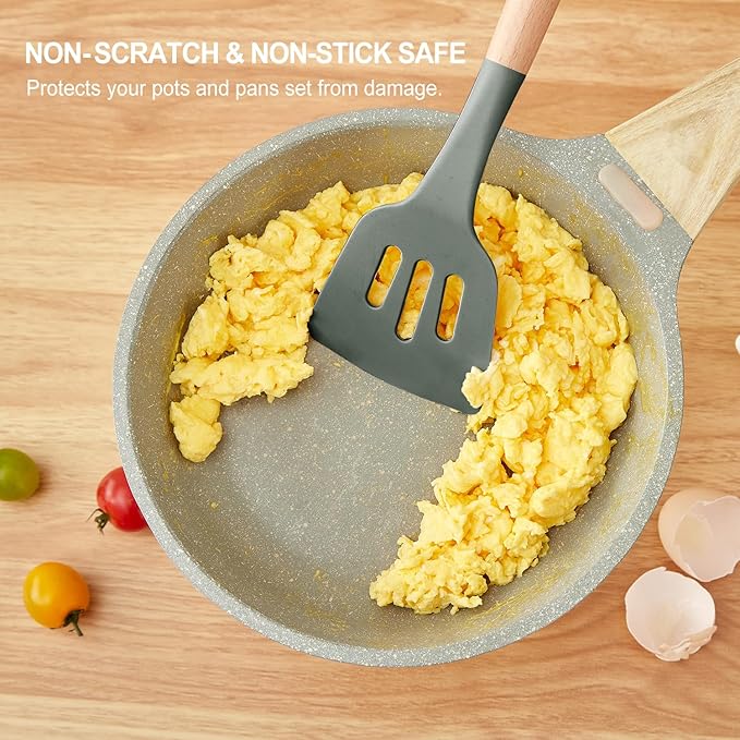 Kitchen Utensils Set - 34 PCS Non-Stick Silicone Cooking Utensils Set Spatula Set with Holder, Wooden Handle Spoon,Brush,Whisk Kitchen Gadgets Tools Set for Nonstick Cookware (Gray-34P)