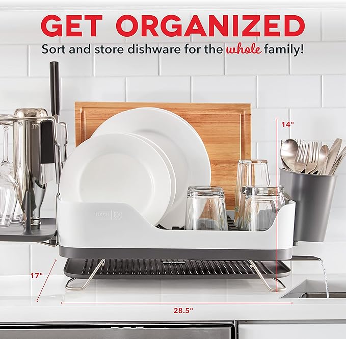DASH SmartStore™ Full Size Dish Rack – Plates, Cups, Utensil Holder, Knife Slot, Drainage Spout + Drying Mat – White