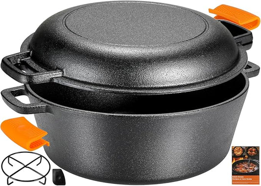 TLGREEN Cast Iron Dutch Oven Pot with Lid, Pot (6.7QT) and Lid as a Skillet(2.5QT) - Dutch Oven Cast Iron with Silicone Holders, Iron Stand, for Oven, Stove, Grill，Campfire
