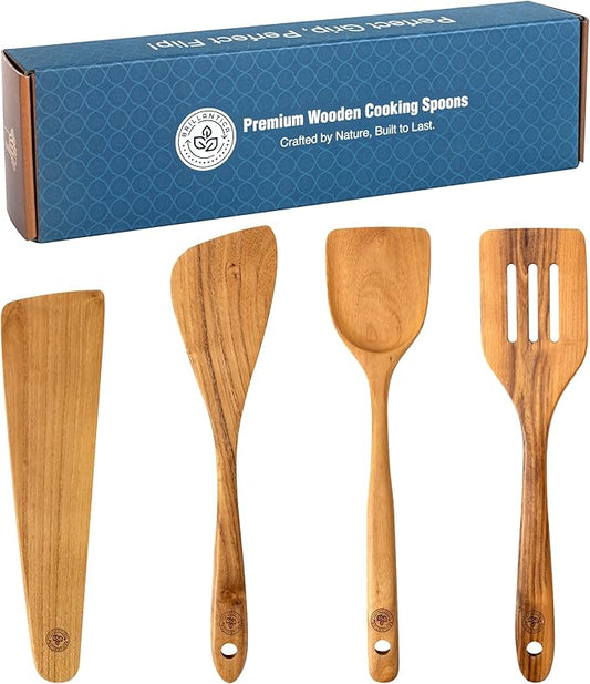 Wooden Kitchen Utensil Set of 4, Natural Wood Spoons and Spatulas, Non Toxic Eco Friendly Durable Wooden Turner and Spatula Set for Cooking. Perfect kitchen cooking utensils.