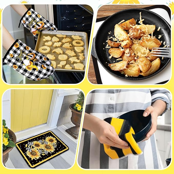 10 Pcs Bee Kitchen Decor Sunflower Oven Mitts and Pot Holders Set Yellow Bee Dish Towels Rugs Mats Buffalo Plaid Kitchen Accessories for Chef Baking Cooking Grilling BBQ Women Home Gift
