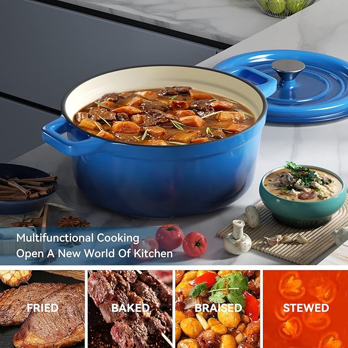Miereirl 6.5 Quart Enameled Dutch Oven Pot with Lid, Cast Iron Dutch Oven with Dual Handles for Bread Baking, Cooking, Non-stick Enamel Coated Cookware (Dark Blue)
