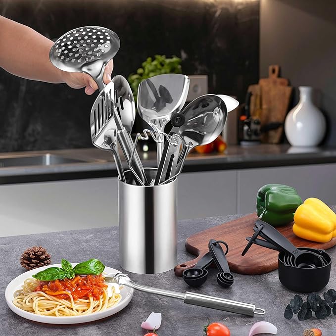 Stainless Steel Cooking Utensils Set, LIANYU 31-Piece Metal Kitchen Tools with Holder, Heat Resistant Kitchen Utensil for Cooking, Non-toxic Kitchenware Include Skimmer Turner Spatula, Dishwasher Safe