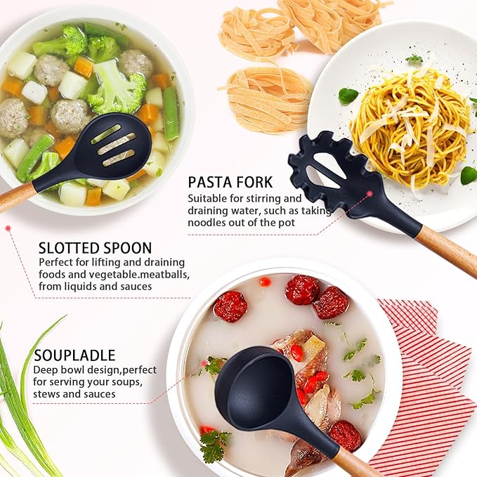 Kitchen Utensil Set,20 Pieces Kitchen Stainless Steel Knives Set Silicone Cooking Utensil with Wooden Handles,Home Kitchenware Accessories Cookware with Stand Block (Black)