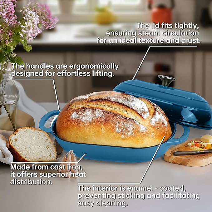 Premium Enameled Cast Iron Dutch Oven for Bread Baking | Non-Stick 5QT Oval Bread Oven with Lid | Perfect for Sourdough, Loaf, and Artisan Baking (Oval Blue, 5 QT)