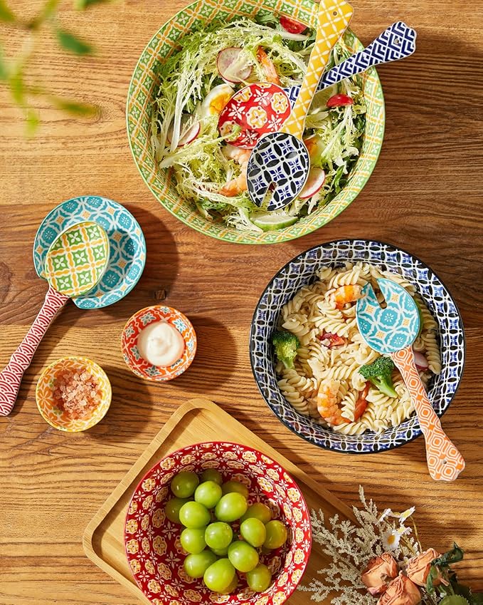 Ceramic Mixing Bowls for Kitchen, Colorful Nesting Bowls, Large Serving Bowls for Prepping, Baking, Mixing, Salad, Microwave Dishwasher Safe, 3.7/2.3/1.4 Qt, Set of 3