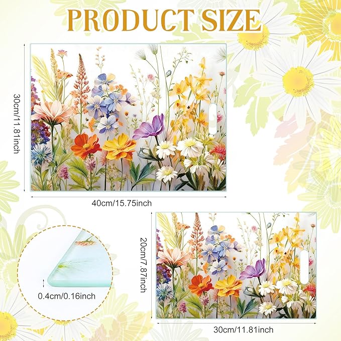 2 Pack Glass Cutting Board for Kitchen, Floral Pattern Tempered Glass Cutting Board with Handles Set Gifts Charcuterie Cheese Snack Boards Decorative, 16 x 12 Inches and 12 x 8 Inches