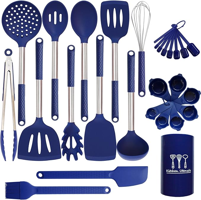 Silicone Kitchen Utensils Set - 28 Pieces Cooking Utensils Set Non-Stick Heat Resistance Silicon with Stainless Steel Handle - Royal Blue