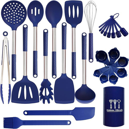 Silicone Kitchen Utensils Set - 28 Pieces Cooking Utensils Set Non-Stick Heat Resistance Silicon with Stainless Steel Handle - Royal Blue
