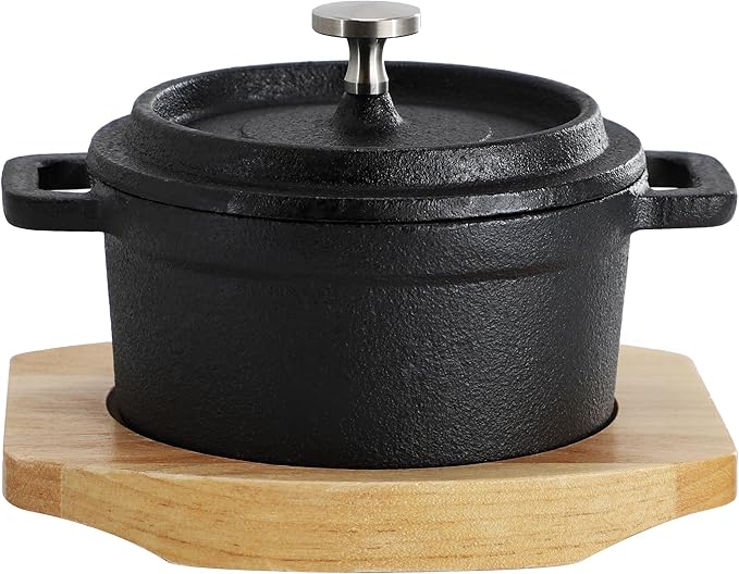 MegaChef Cast Iron 8 Ounce Mini Dutch Oven with Wood Tray, Cookware, Bakeware, Serveware (4 Piece)