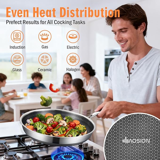 AOSION Nonstick Frying Pans Set,Hybrid Skillets Set with Lid(8+10+9+12inch), Hybrid Stainless Steel Frying Pans Set of 3 for Cooking,PFAS/PFOA Free Cookware Sets,Induction Compatible.