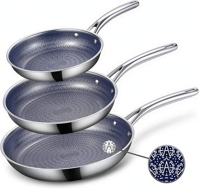 Ammeloo Hybrid Tri-Ply Stainless Steel Frying Pan Set, 8"/9.5"/11" Cooking Pans, Non Stick Frying Pans and Skillets, Chef Pan, Blue Interior, Non Toxic, Dishwasher Safe, Induction Compatible