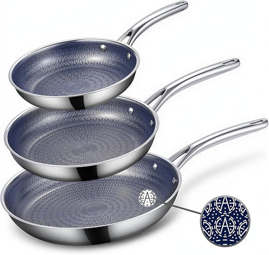 Ammeloo Hybrid Tri-Ply Stainless Steel Frying Pan Set, 8"/9.5"/11" Cooking Pans, Non Stick Frying Pans and Skillets, Chef Pan, Blue Interior, Non Toxic, Dishwasher Safe, Induction Compatible