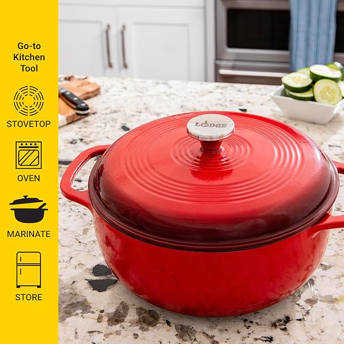 Lodge Essential Enamel Cast Iron Dutch Oven - Perfect for Bread Baking, Braising, Marinating & Slow Cooking - Features Moisture-Sealing Lid & Dual Handles - Kitchen Essentials - 6 Quarts - Island Spice Red