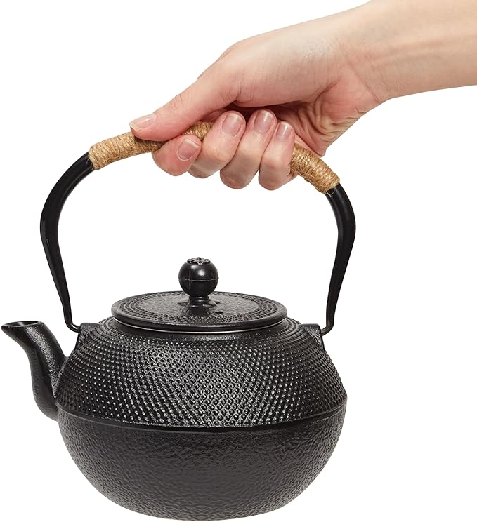 Juvale Cast Iron Teapot - 1200 mL, Black, 2 Cups - Japanese Tea Set with Stainless Steel Infuser & Stovetop Kettle for Loose Leaf Tea