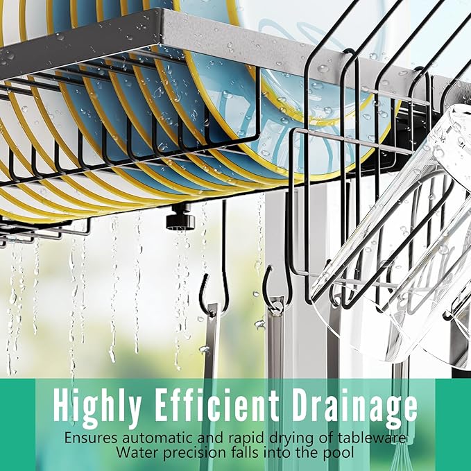 Over The Sink Dish Drying Rack Adjustable (Length and Height) Large Dish Rack, 2-Tier 4 Baskets Stainless Steel Dish Drainers for Kitchen Counter, 26-33.5L x 11.8W x 21.6-23.2H Inches